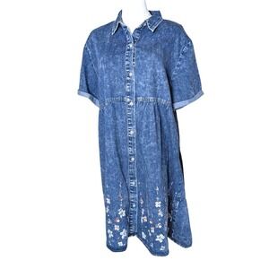 Vintage-Inspired Denim Shirt‎ Dress with Floral Applique Sz XL Cottage Farmhouse
